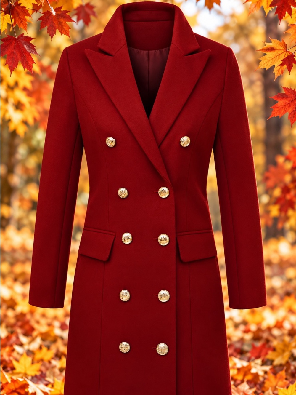 Red WomenS Fall Winter Wool Double Breasted Midi Peacoat Trench Coat IDEALSANXUN